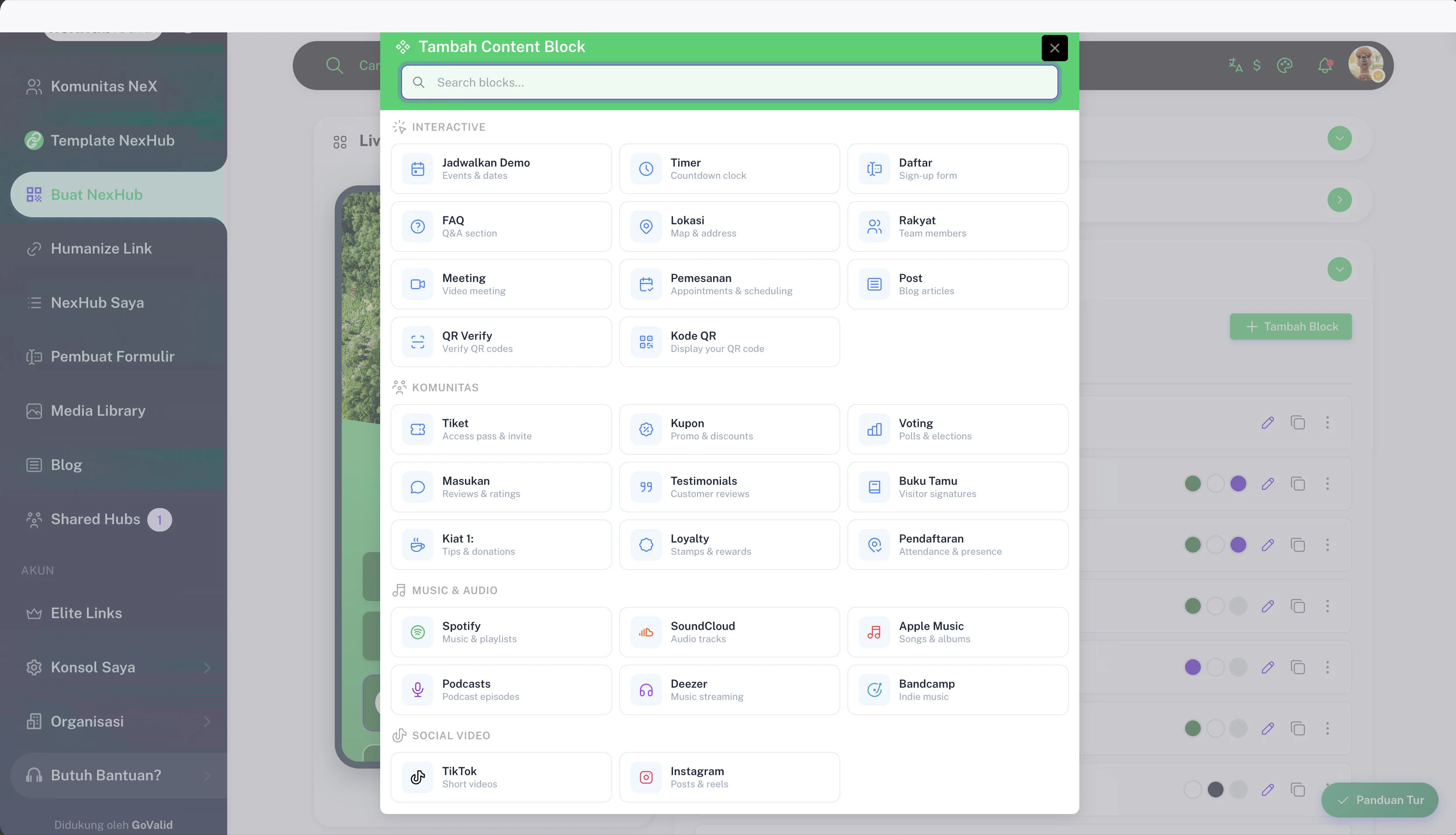 Add content block modal showing Interactive, Community, Music &amp; Audio, and Social Video categories