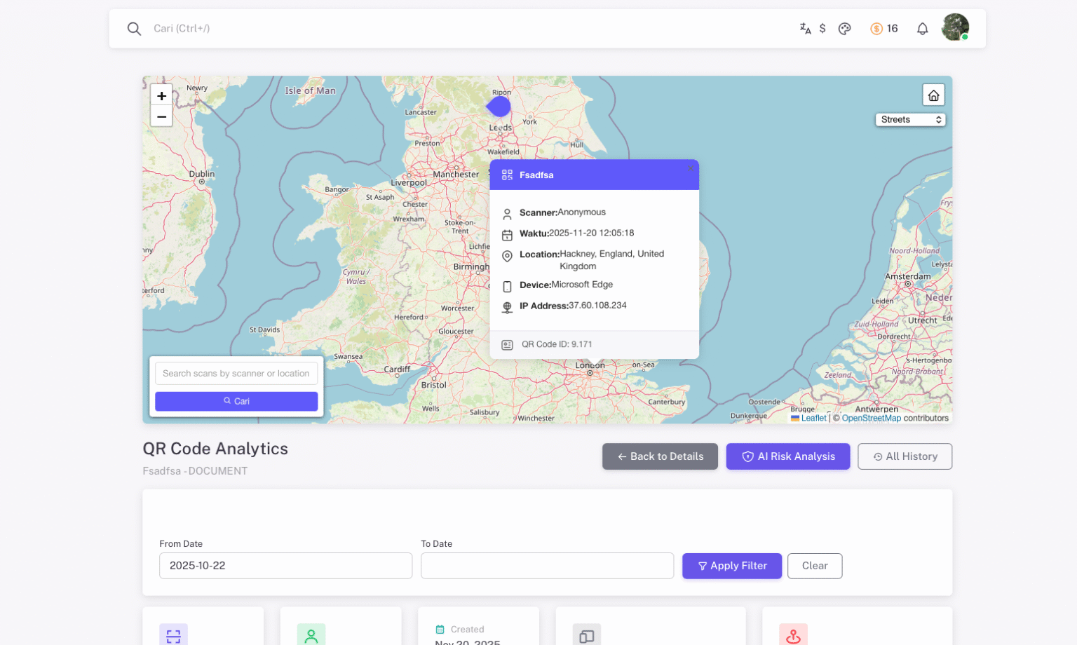 Analytics overview dashboard with scan statistics and summary cards
