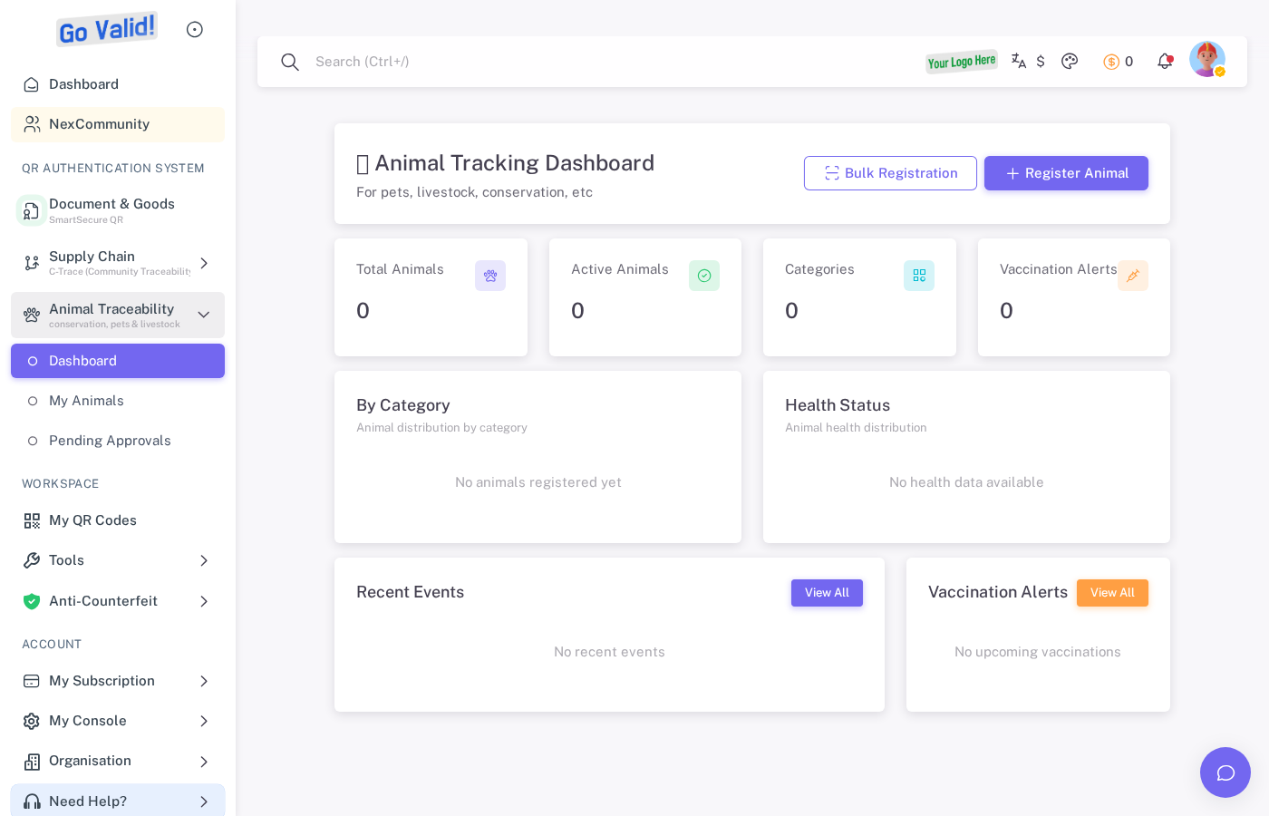 My Animals list with RFID tags, species, and status for each animal