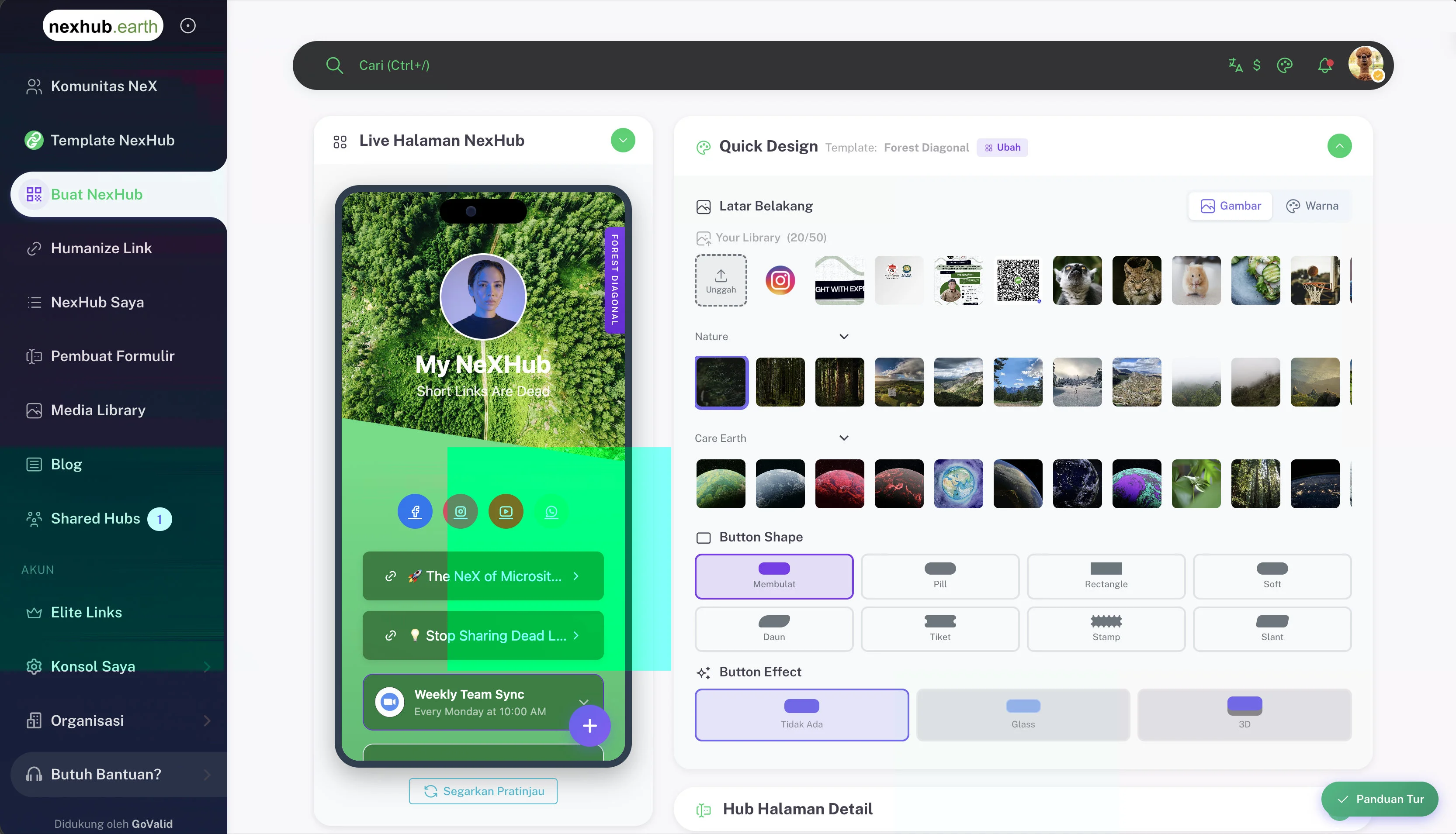 Quick Design panel with background image library, button shapes, and button effects