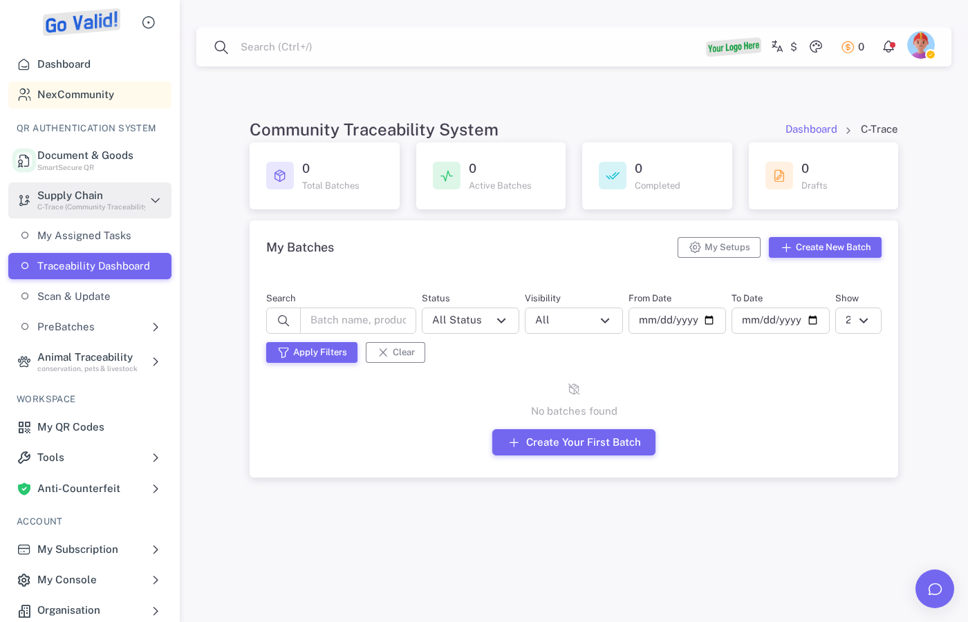 C-Trace supply chain dashboard with tasks and batch overview