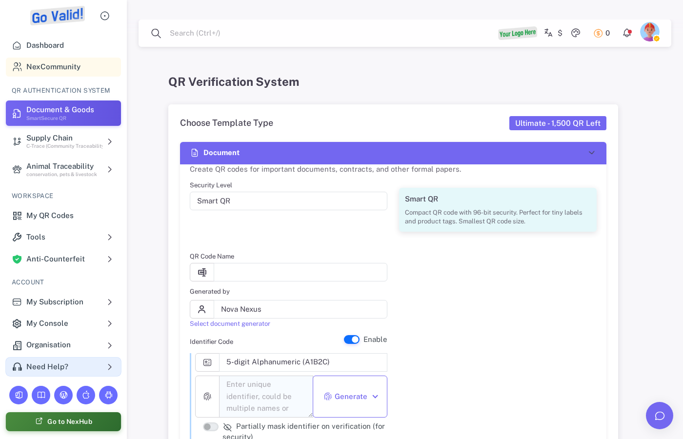 Document QR form with security level, QR name, generator, and identifier settings