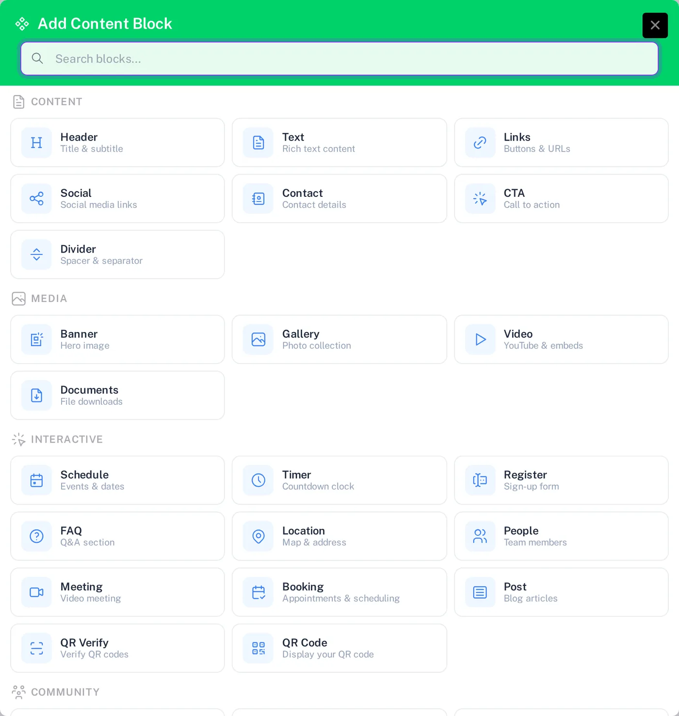 Add Content Block window with the Community section showing Feedback, Guest Book and Check-in