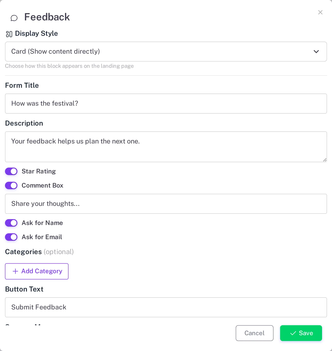 Feedback block settings with form title, description, star rating, comment box, name, email and categories