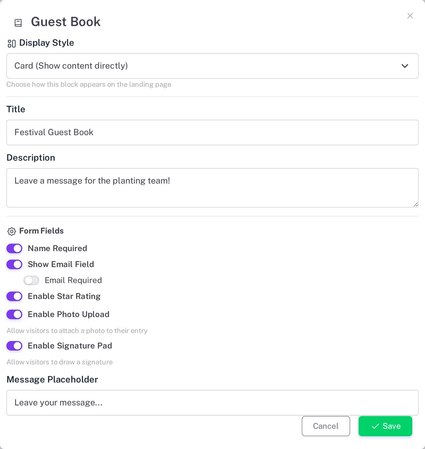 Guest Book block settings with title, description, form fields and message placeholder