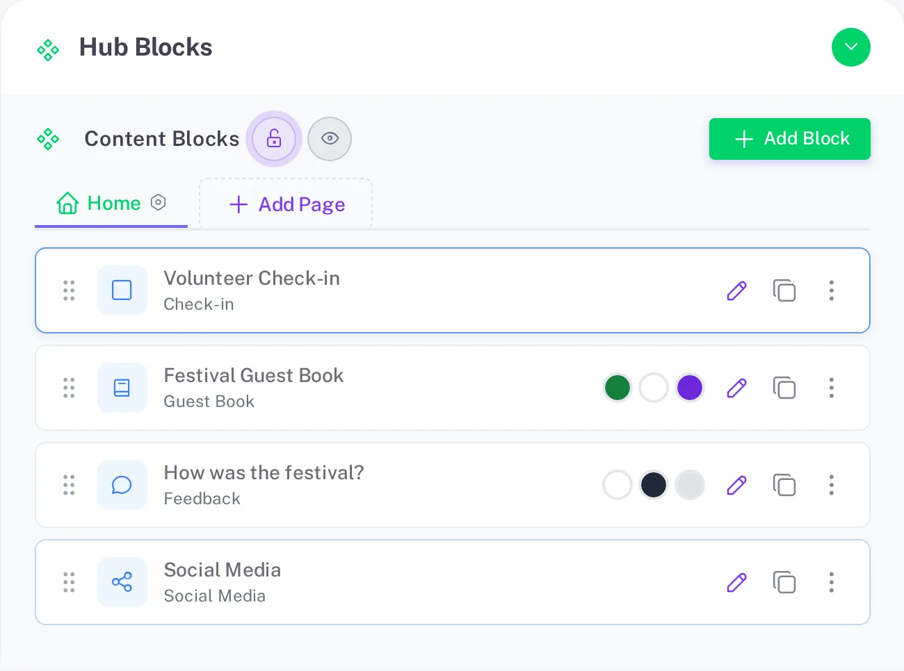 Hub Blocks list with Volunteer Check-in, Festival Guest Book and Feedback blocks
