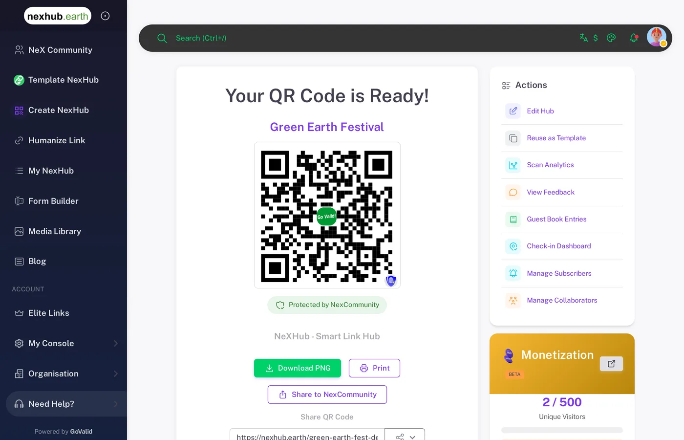 Hub preview page with the Actions panel listing Guest Book Entries, View Feedback and Check-in Dashboard