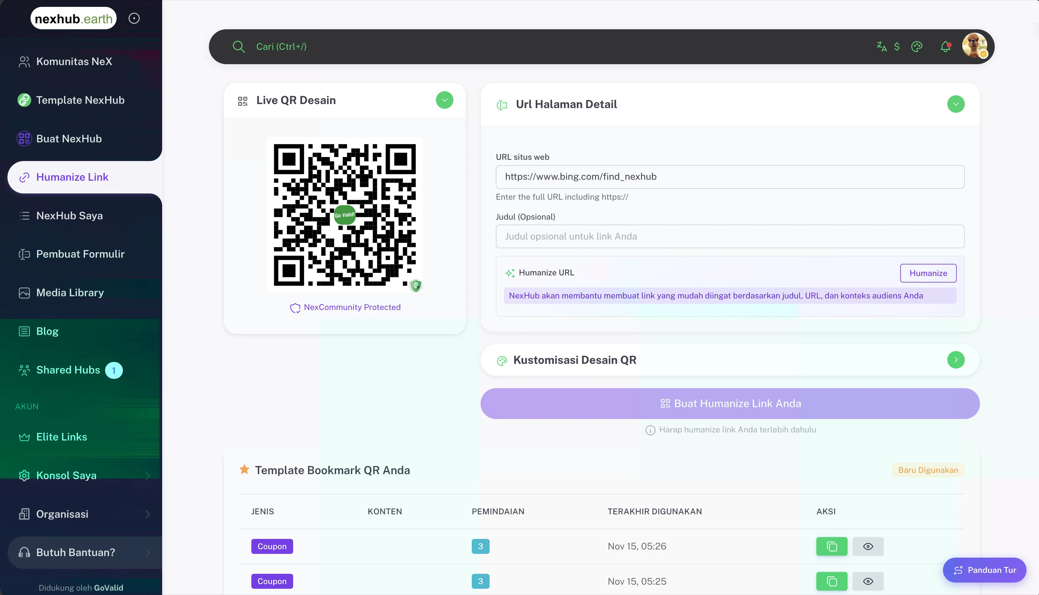 Humanize Link page with URL input, AI slug suggestions, and QR preview