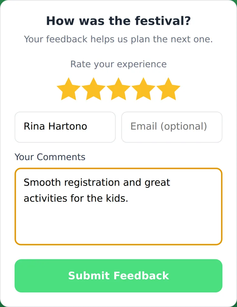 Feedback form on a phone with five stars selected, name and comment filled in