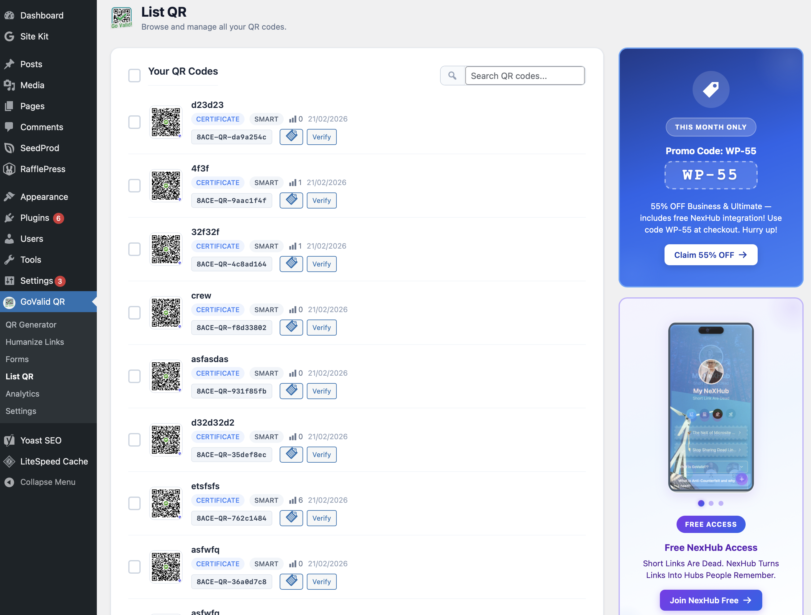 WordPress plugin QR Code List showing all generated QR codes