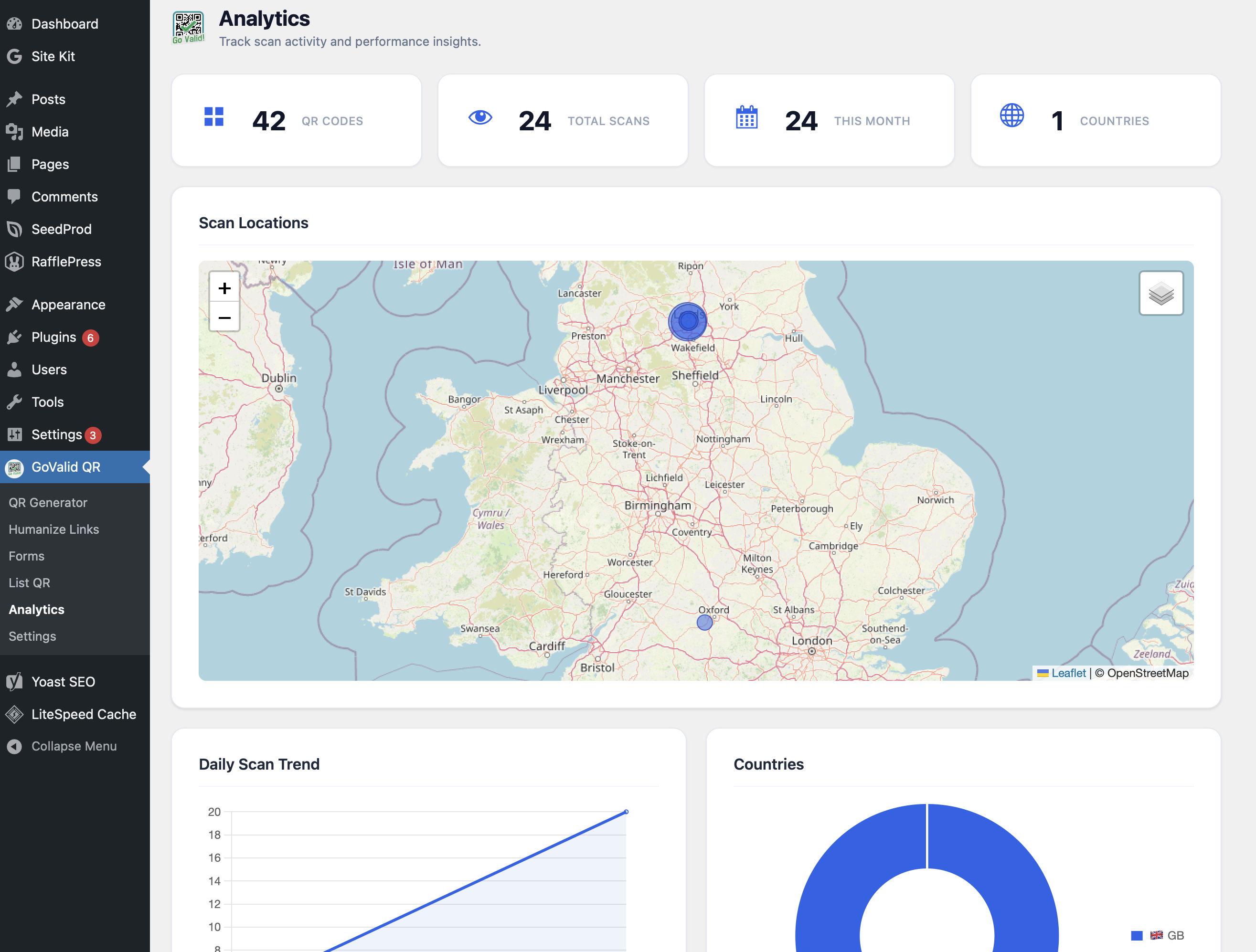 Scan Analytics – interactive cluster map showing QR scan locations worldwide