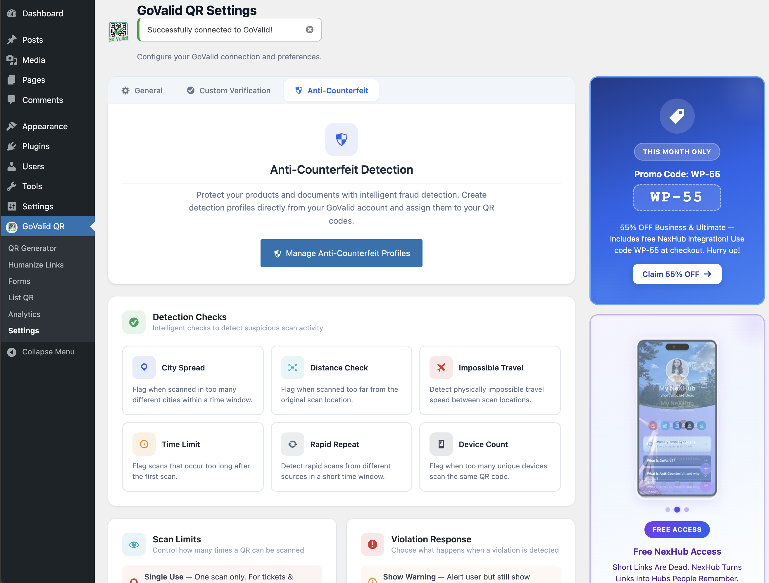 Anti-Counterfeit Detection dashboard in the WordPress plugin