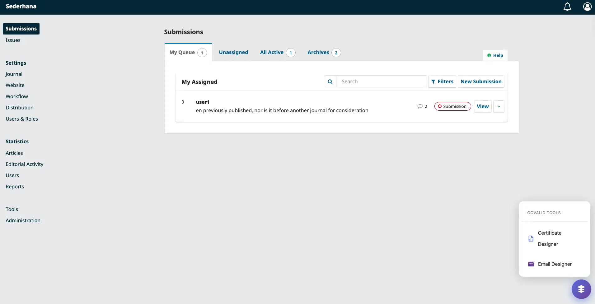 GoValid Tools floating action button (FAB) in OJS dashboard