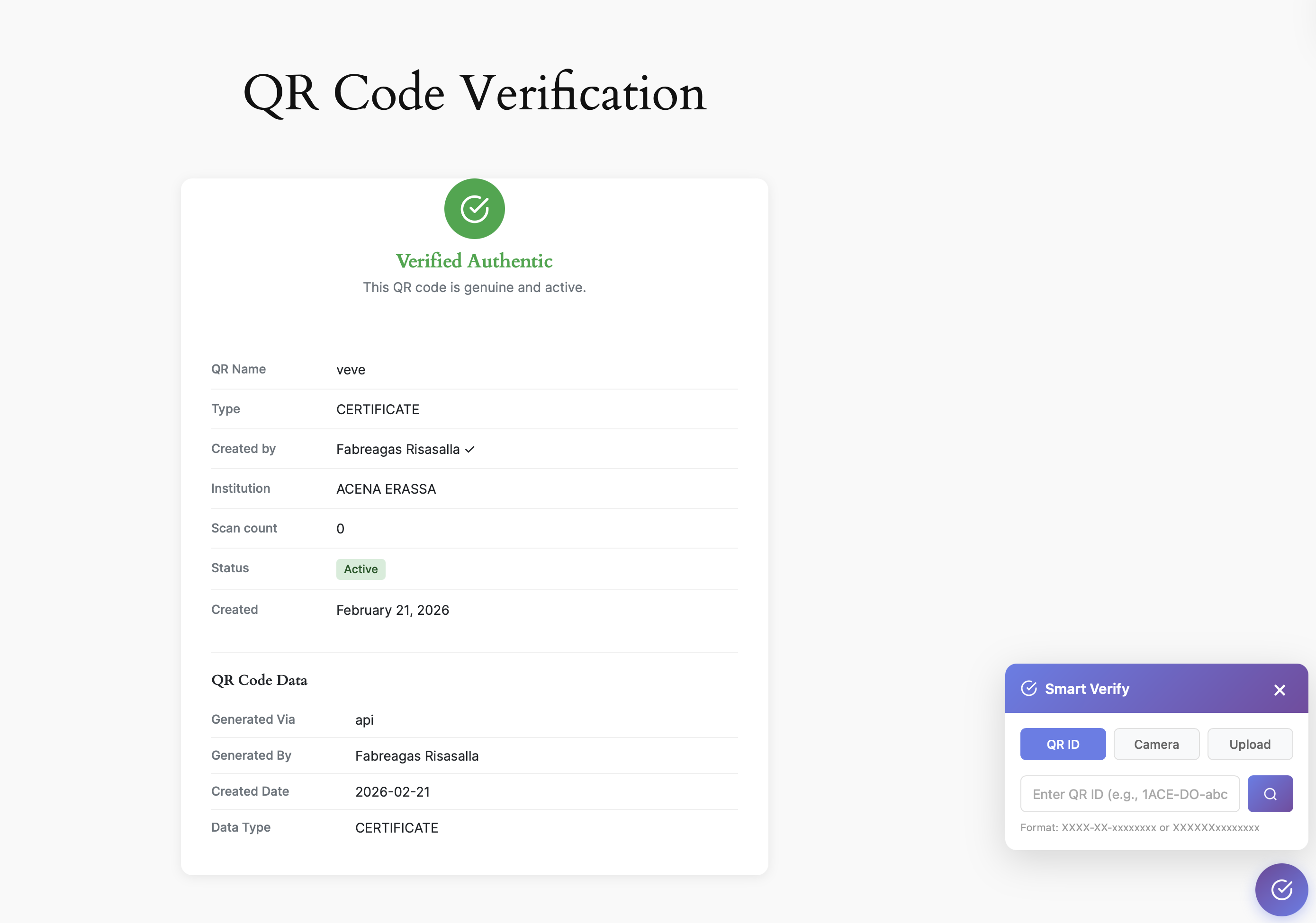 QR Code Verification page embedded in WordPress