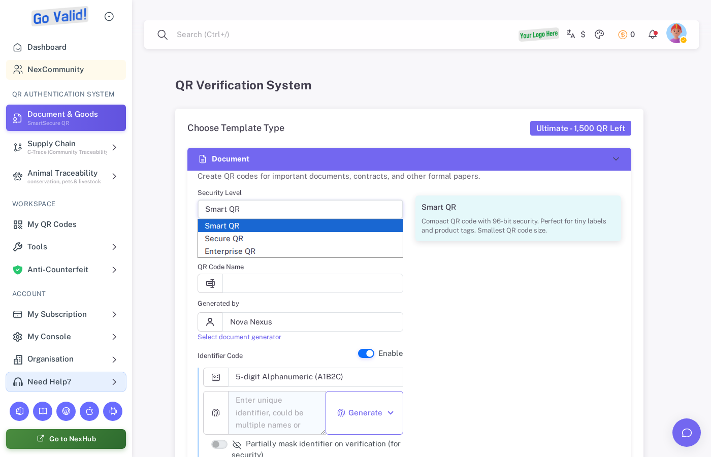 Security level selector in the Document QR generation form