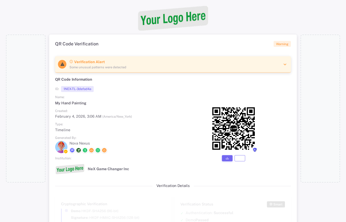 QR code verification page showing authenticated status and cryptographic details