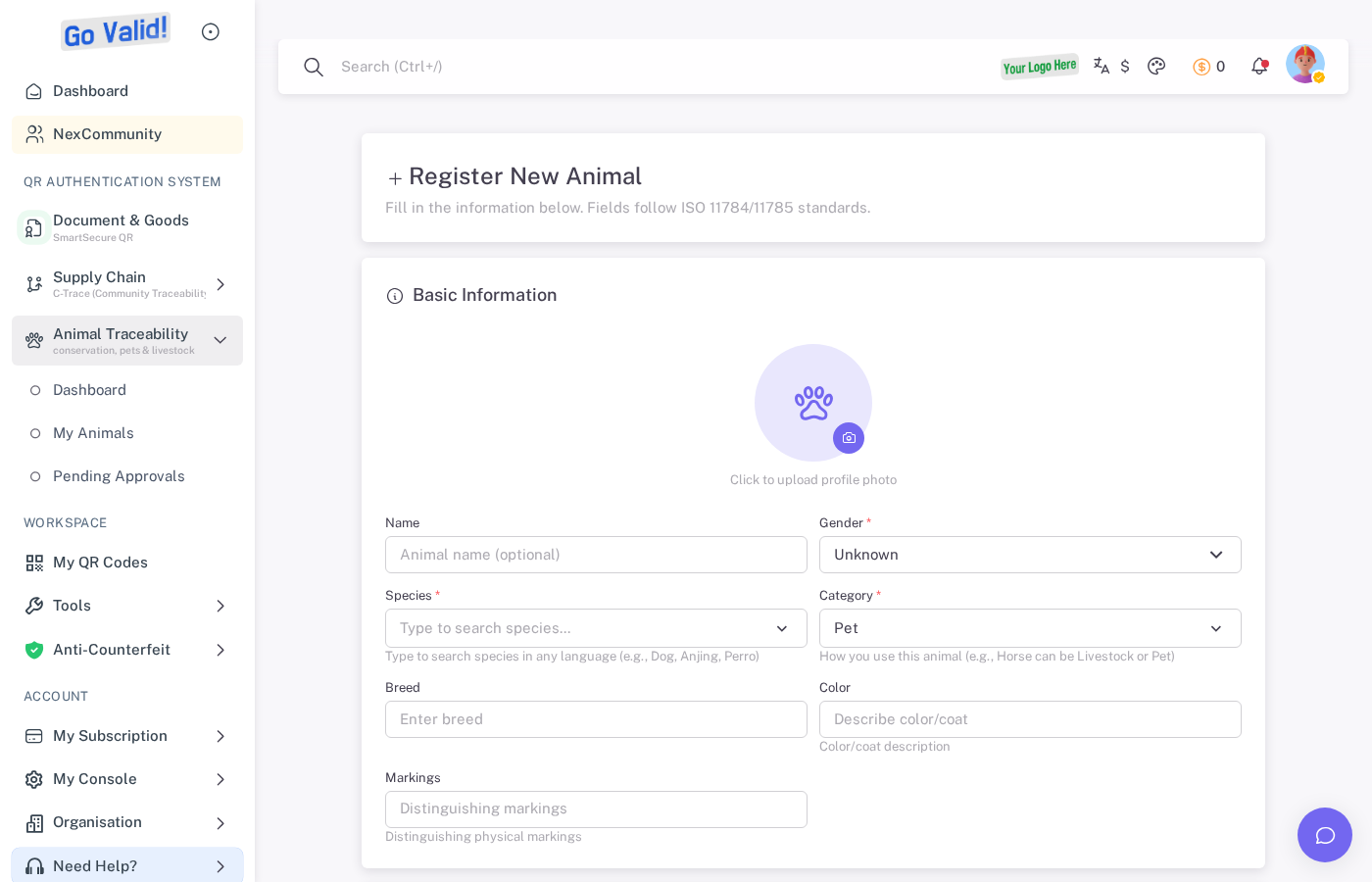 Formulir registrasi hewan dengan spesies, breed, tag RFID, dan field kesehatan