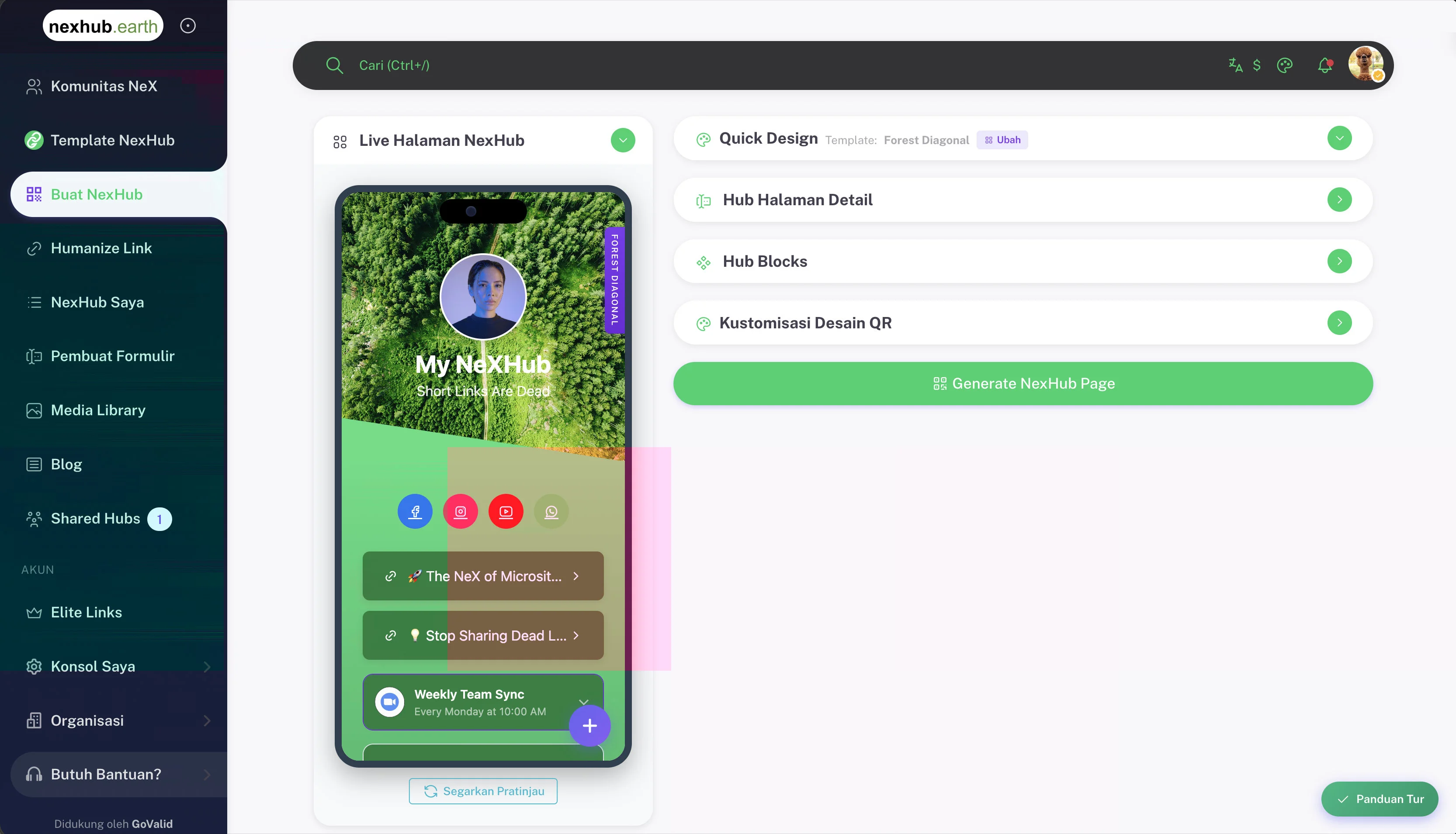 Editor Buat NexHub menampilkan panel Quick Design dengan opsi background dan bentuk tombol