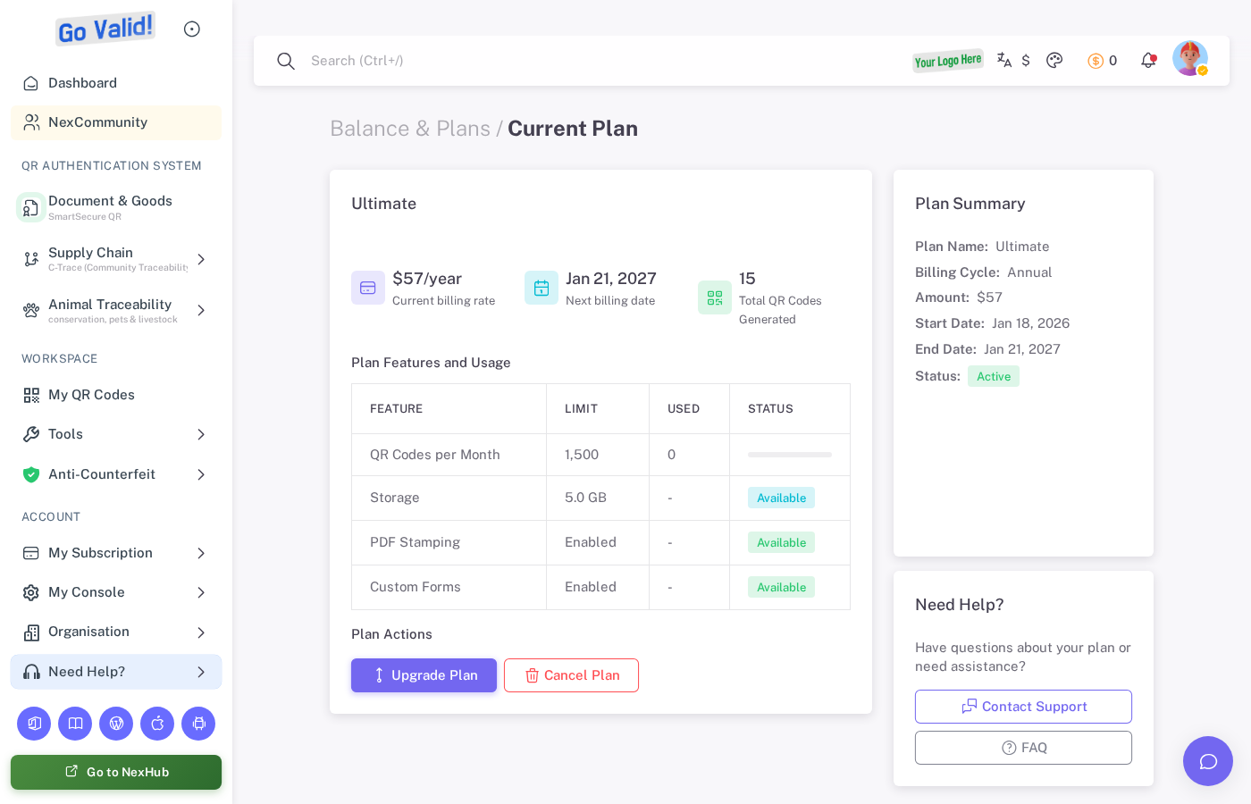 Layar current subscription yang menampilkan billing, penggunaan, batas fitur, dan aksi paket
