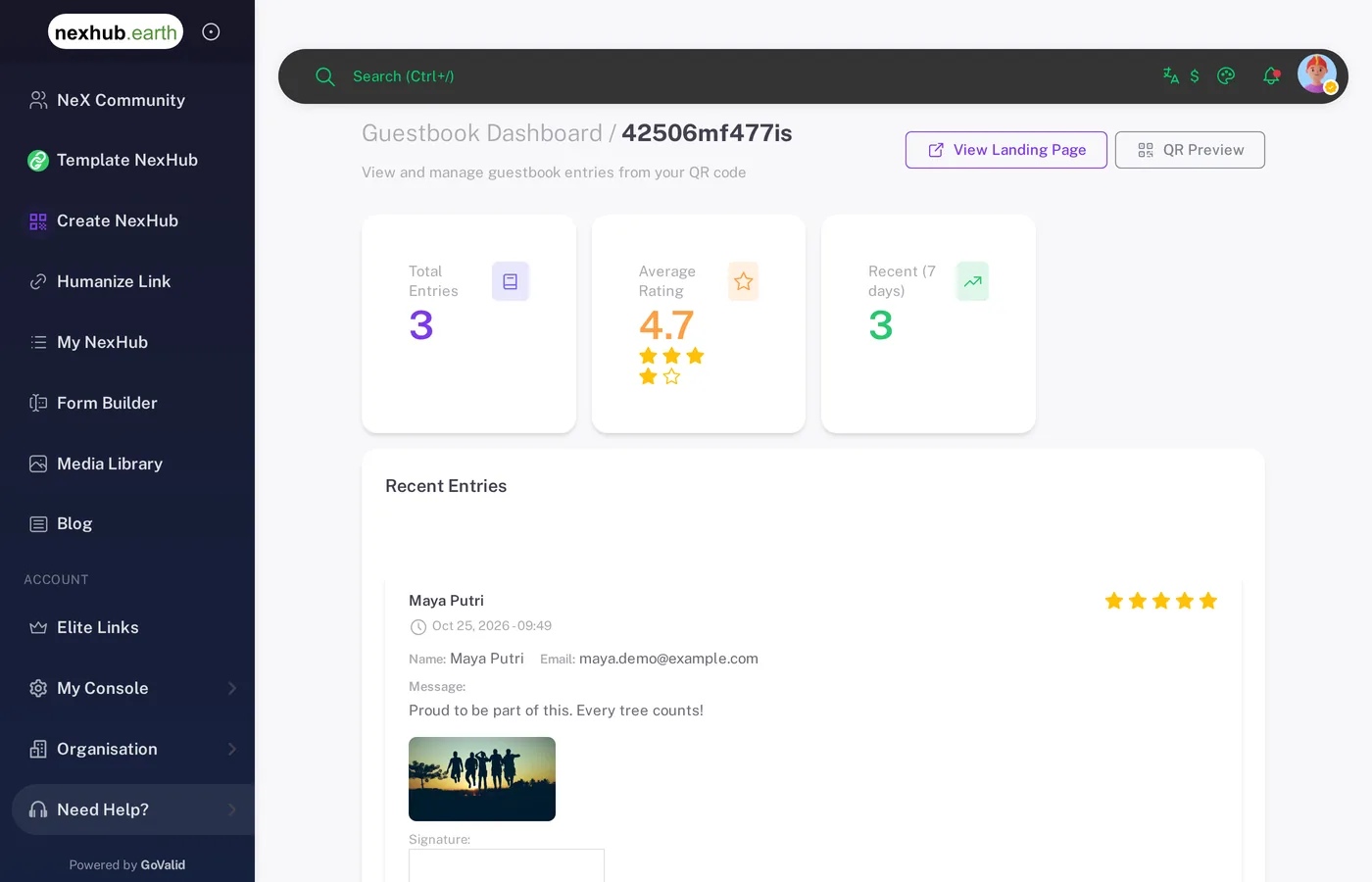 Dashboard Guestbook dengan total entri, rata-rata rating 4.7, dan entri terbaru berfoto