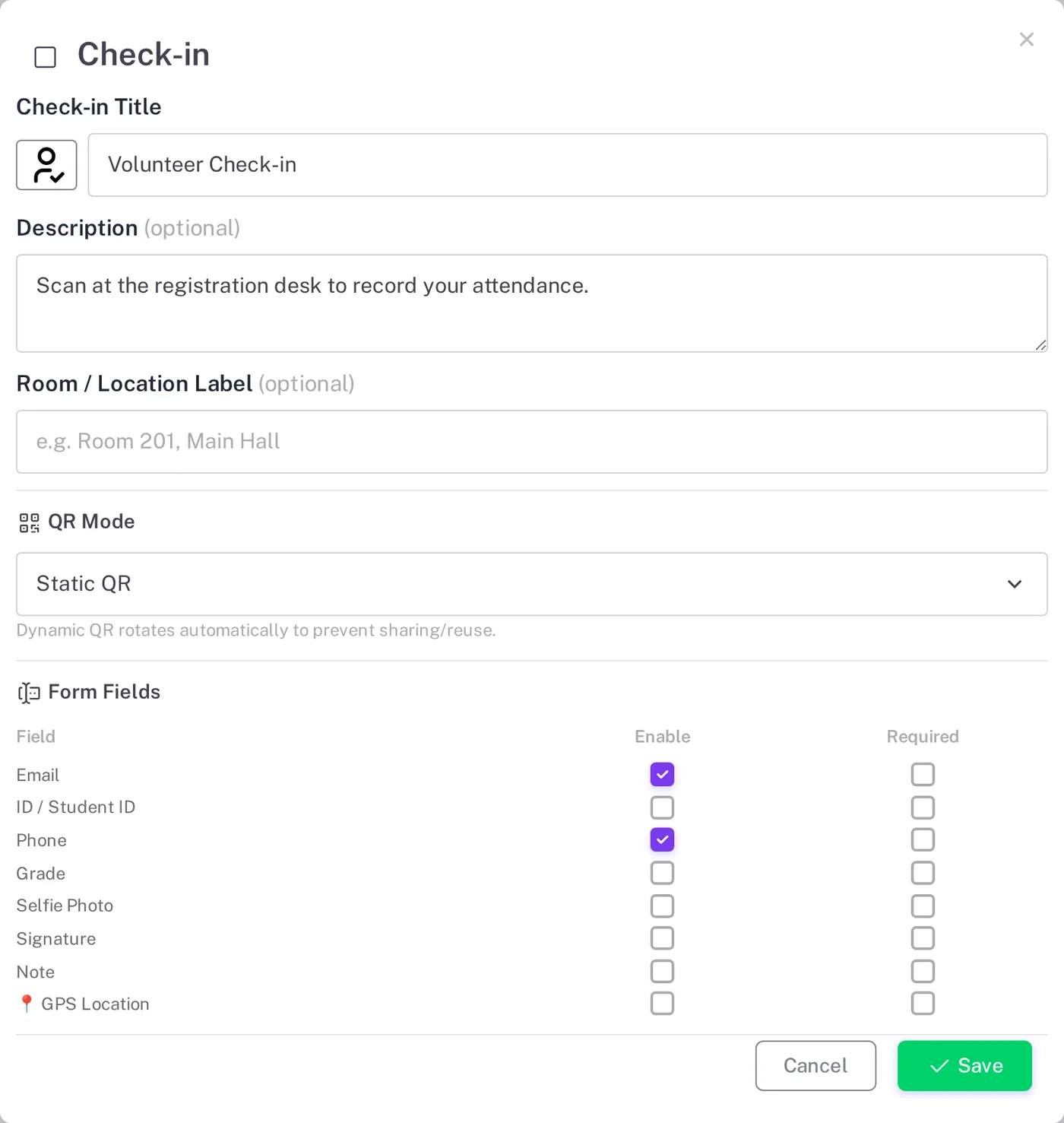 Pengaturan block Check-in dengan judul, deskripsi, label ruangan, mode QR, dan kolom formulir