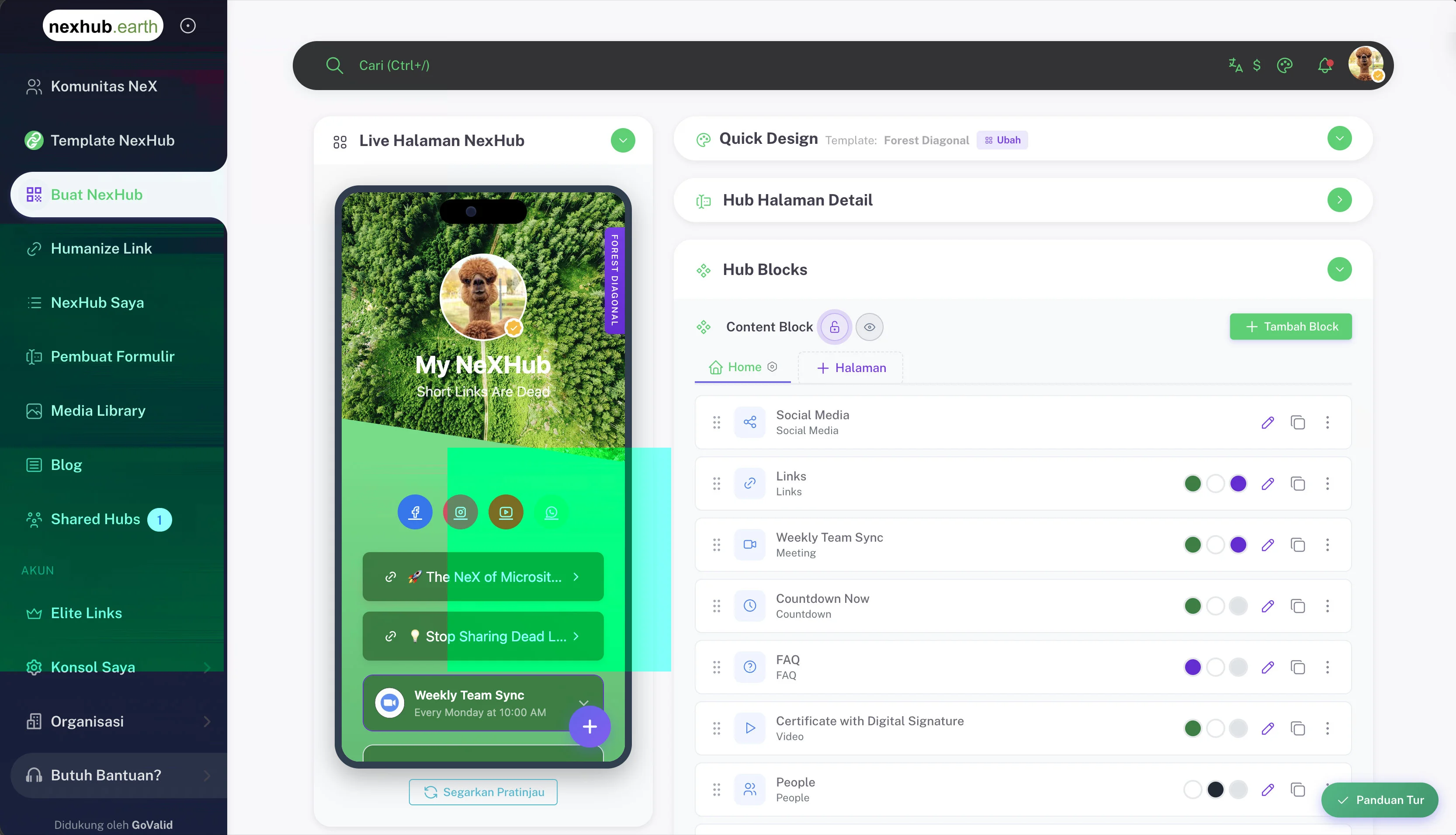 Panel Hub Blocks menampilkan daftar block dengan drag-and-drop dan tombol Tambah Block