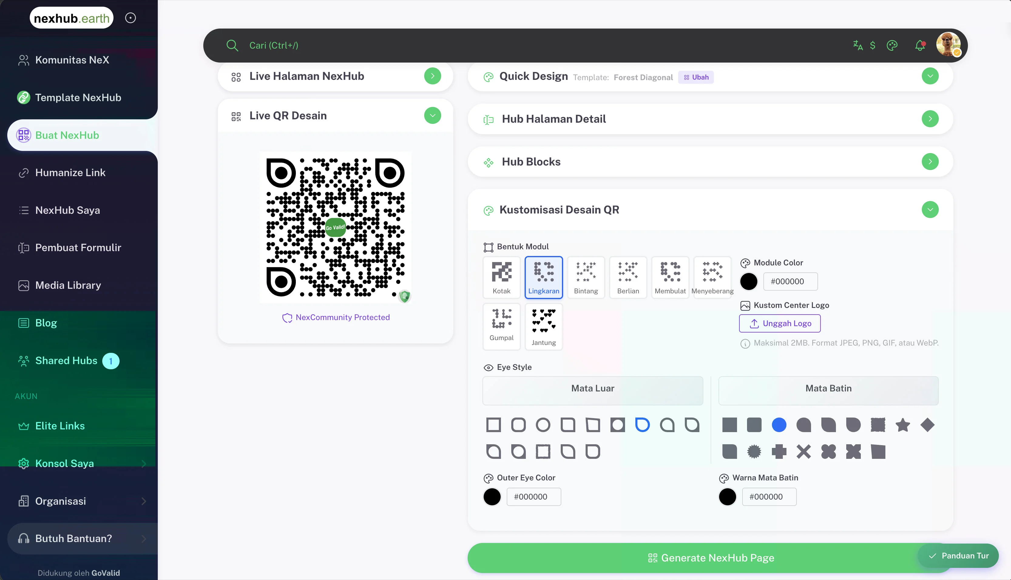 Panel Kustomisasi Desain QR dengan bentuk modul, warna, gaya mata, dan opsi logo center