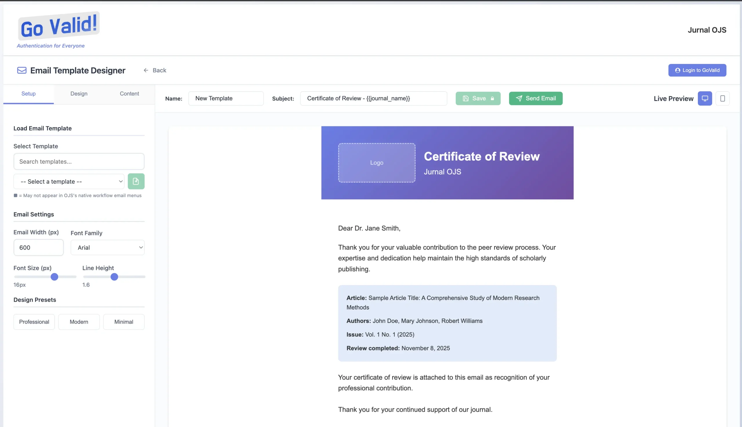 Email Template Designer – Pratinjau langsung layout email sertifikat