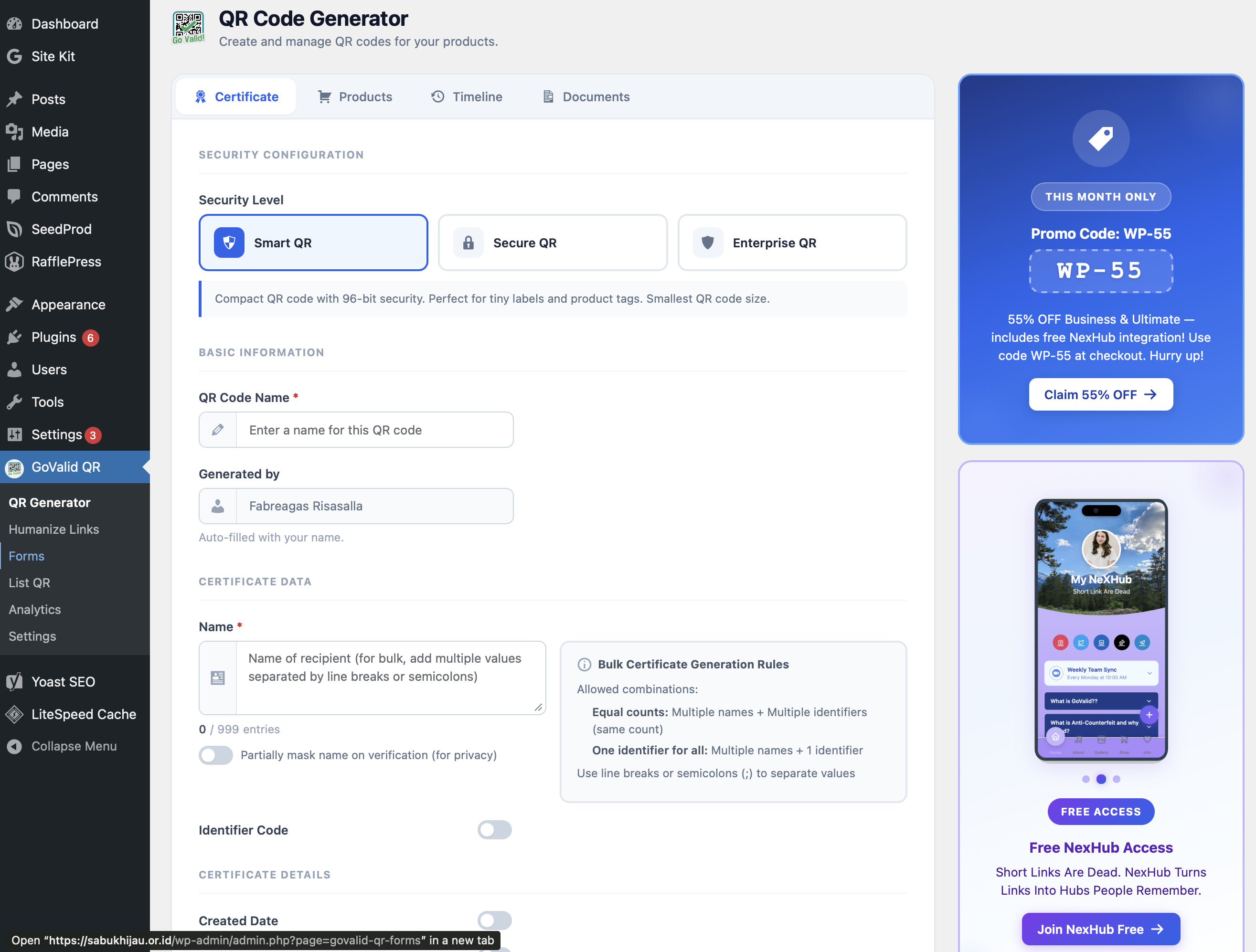 Generator QR Code – membuat QR code baru di plugin WordPress