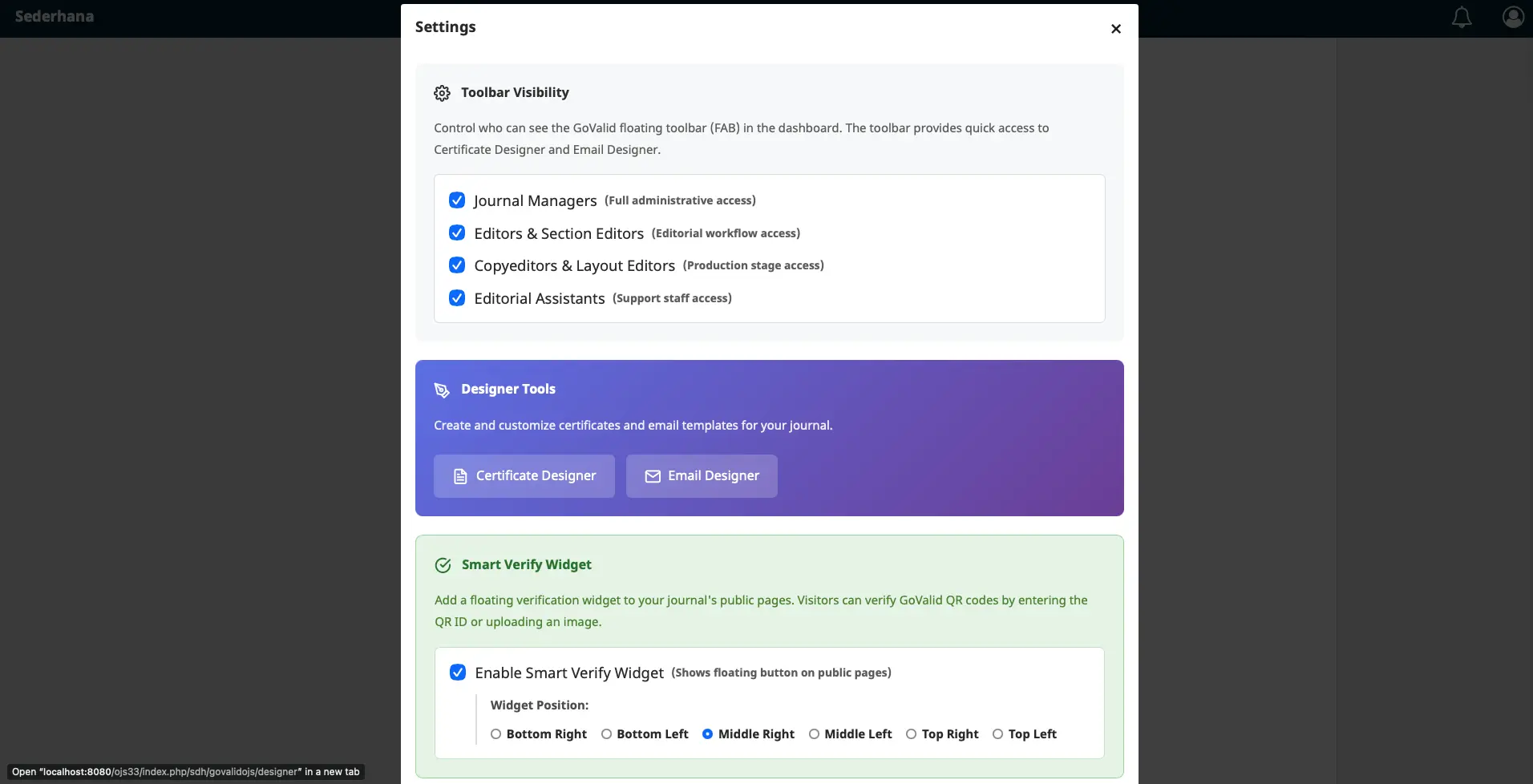 Pengaturan Plugin – Konfigurasi Toolbar Visibility, Designer Tools, dan Smart Verify Widget