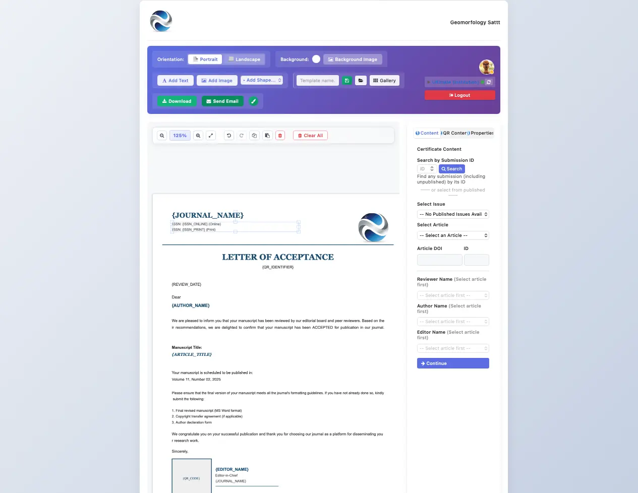 Certificate Designer – Template Letter of Acceptance dengan pencarian berdasarkan Submission ID