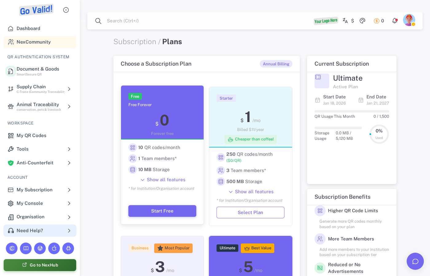 Layar pilihan paket langganan dengan tier paket dan ringkasan langganan saat ini