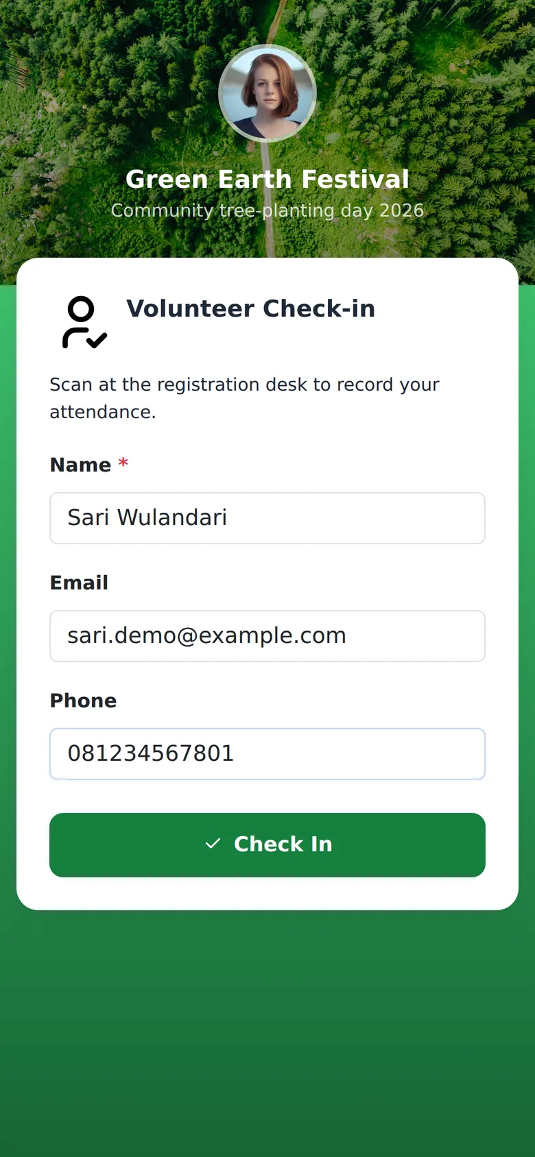 Check-in form on a phone with name, email and phone fields and a Check In button